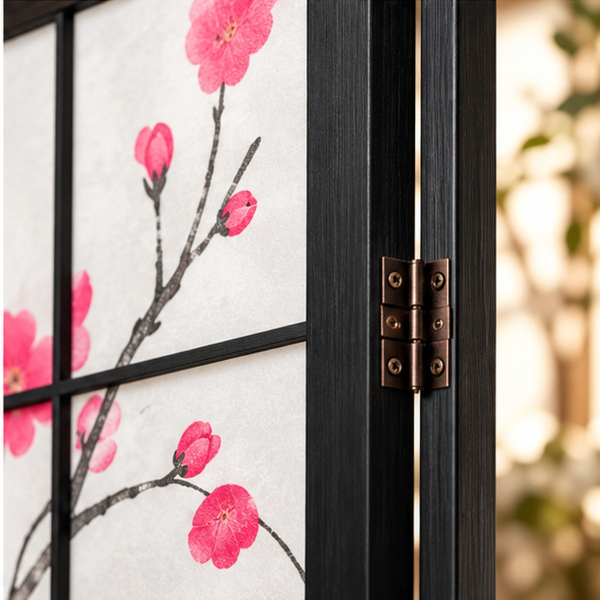 Détail du cadre noir, des charnières et du motif floral du paravent