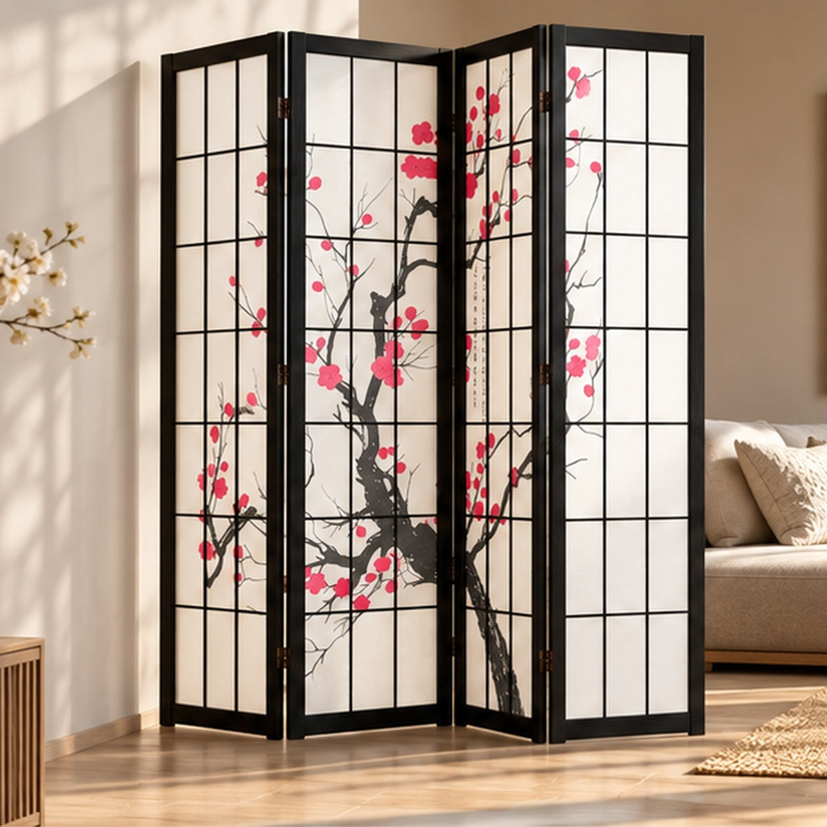 Paravent fleurs de cerisier dans un salon lumineux
