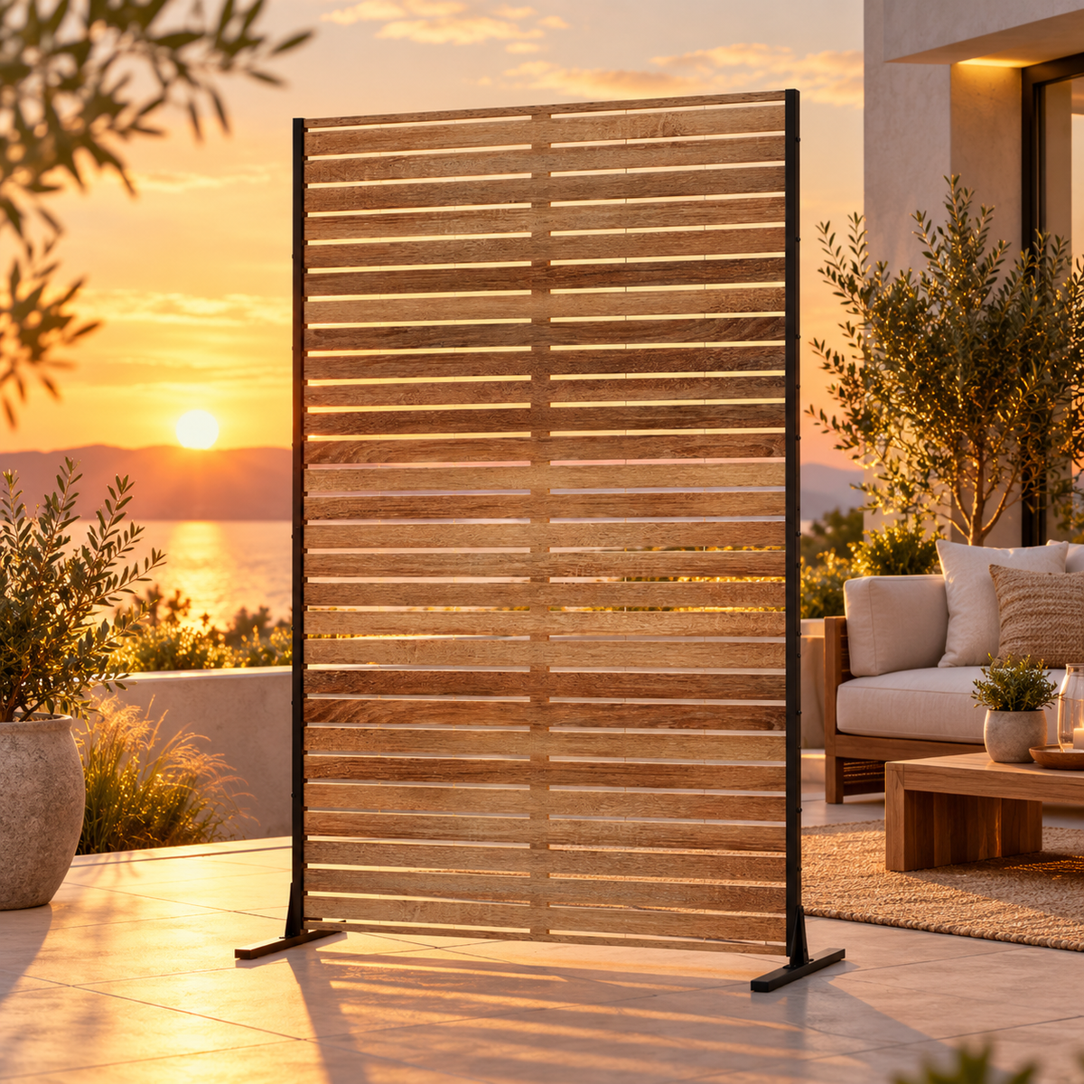 Paravent à lamelles aspect bois, ambiance terrasse coucher de soleil