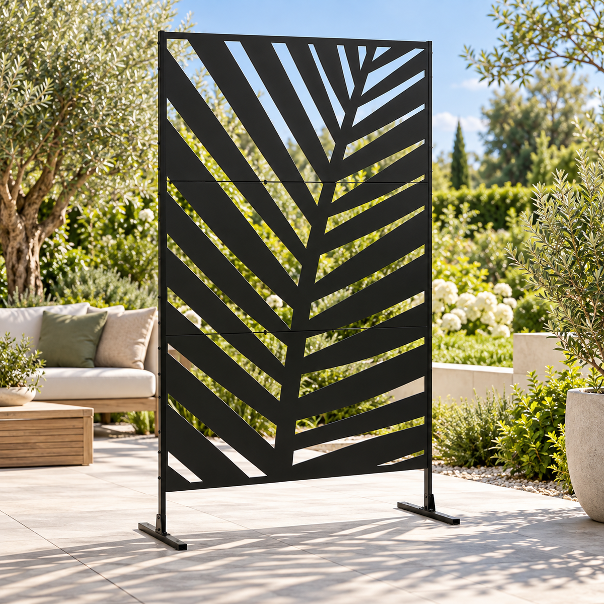 Paravent noir motif palme, ambiance jardin
