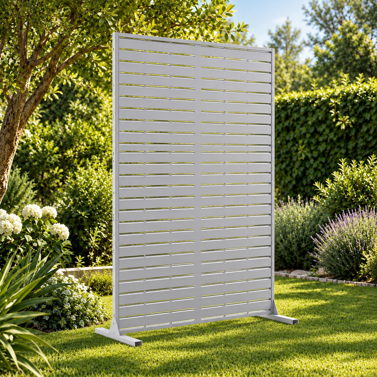 Paravent Terrasse blanc à lamelles dans un jardin