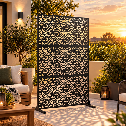 Paravent Extérieur Terrasse noir sur terrasse au coucher du soleil