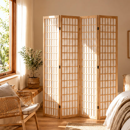 Paravent japonais en bois naturel, vue d'ambiance dans une chambre