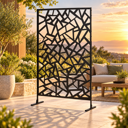 Paravent Métal sur Pied géométrique noir sur terrasse au coucher du soleil