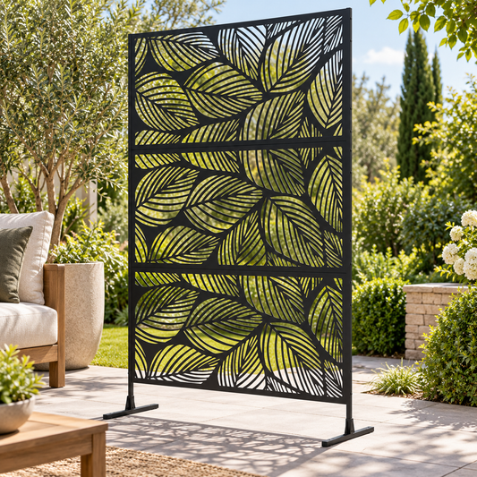 Paravent noir motif feuillage ajouré, jardin, version corrigée
